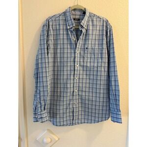 IZOD Mens Plaid Long Sleeve Button Down Shirt Casual Blue Medium